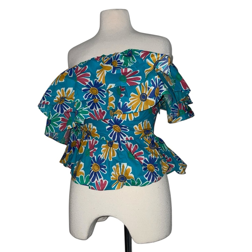 Entro Teal Floral Ruffle Blouse